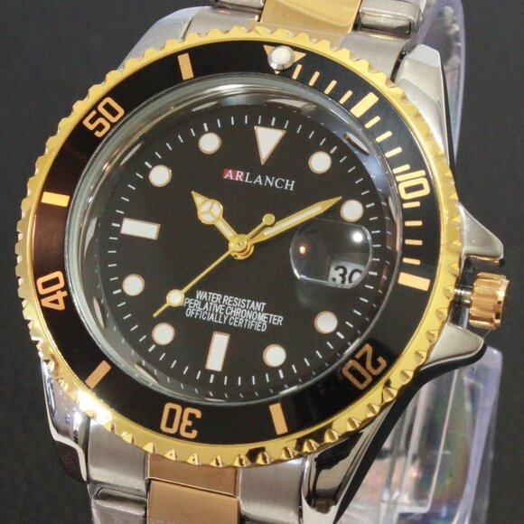 Men's Diver Style Watch Black Bezel Silver Gold Tone 40mm - Picture 10 of 14